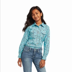 Ariat Girl's Bronc/Cactus Print LS- Turquoise