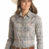 Panhandle Slim Ladies LS Embroidered Snap Blue/Brn Plaid L