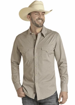 Panhandle Slim Men's LS Geo Woven Snap - Taupe -Western Cowboy Clothing panhandle slim mens ls geo woven snap taupe 1