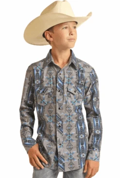Rock & Roll Denim Boys LS Snap Print Shirt -Western Cowboy Clothing rock roll denim boys ls snap print shirt 1