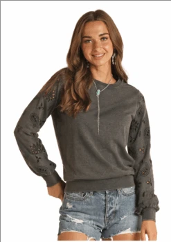 Rock & Roll Denim Eyelet Embroidery Pullover