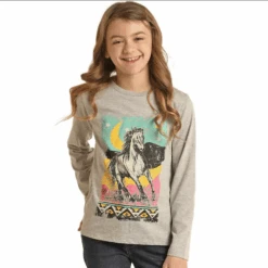 Rock & Roll Denim Girls Graphic Horse LS Tee - Grey