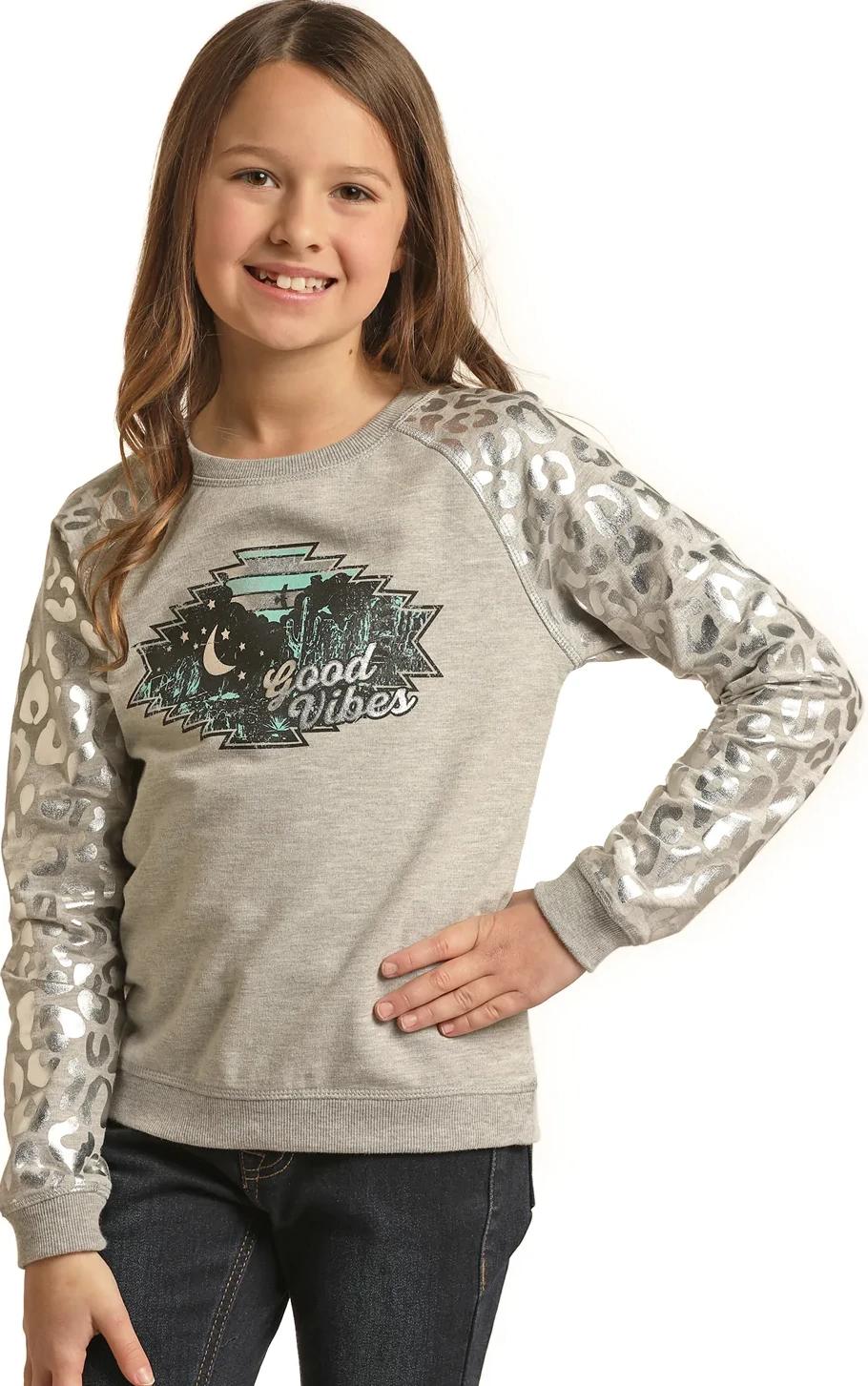 Rock & Roll Denim Girls Pullover Foil Cheeta - Grey