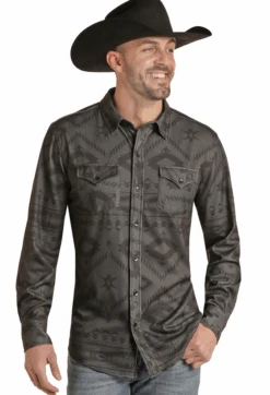 Rock & Roll Denim Mens LS Knit Print Shirt Black