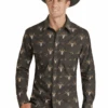 Rock & Roll Denim Mens Vintage Skull Print Western Shirt Black