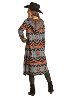 Rock & Roll Denim Multi Print Knit Cardigan W/ Hood