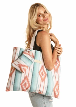 Rock & Roll Denim Printed Bag Pleather Handle -Western Cowboy Clothing rock roll denim printed bag pleather handle 2