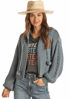 Rock & Roll Denim Solid Sweater Cardigan W/Hood