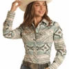 Rock & Roll Denim Womens Aqua Aztec LS Shirt