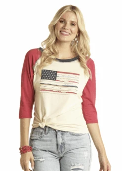 Rock & Roll Denim Womens Distressed Flag Baseball Tee -Western Cowboy Clothing rock roll denim womens distressed flag baseball te 1