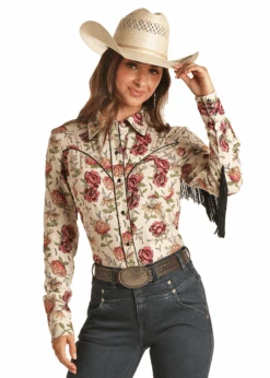 Rock & Roll Denim Womens Floral Shirt W/Fringe -Western Cowboy Clothing rock roll denim womens floral shirt w fringe 1