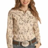 Rock & Roll Denim Womens LS Floral Snap W/Piping Natural -Western Cowboy Clothing rock roll denim womens ls floral snap w piping nat