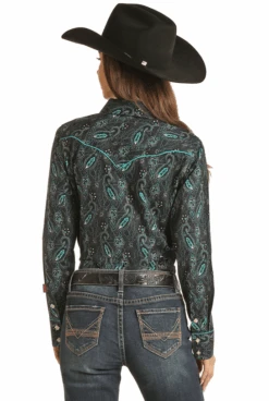 Rock & Roll Denim Womens LS Paisley Snap W/piping Teal -Western Cowboy Clothing rock roll denim womens ls paisley snap w piping te 1