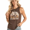 Rock & Roll Denim Womens Rock & Roll Rider Tank - Chocolate -Western Cowboy Clothing rock roll denim womens rock roll rider tank chocol