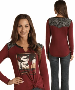 Rock & Roll Denim Womens Split Neck Yoke Tee Burgundy